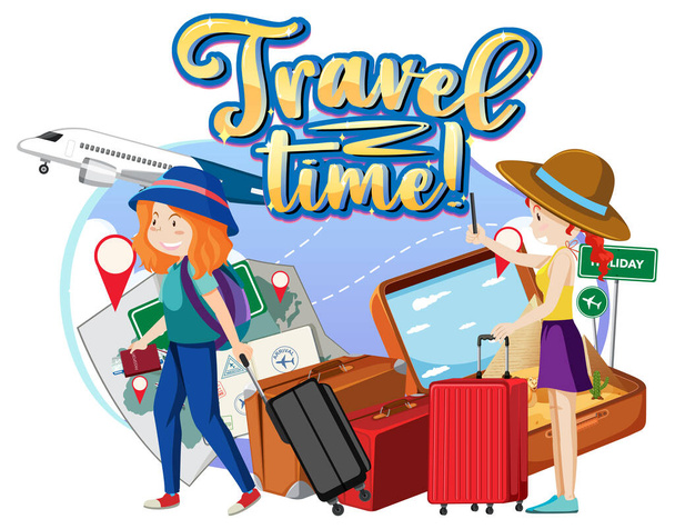 Reisezeit Typografie Logo mit Touristen Zeichentrickfigur Illustration - Vektor, Bild