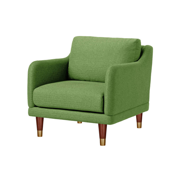 Klassischer Sessel im Art-déco-Stil aus grünem Samt mit Holzbeinen mit Clipping-Pfad isoliert auf weißem Hintergrund. Möbelserie - Foto, Bild