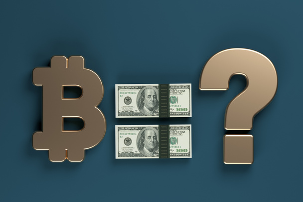 Egyenlő alakú amerikai 100 dollár verem bitcoin szimbólum és kérdőjel. Sötétkék színű háttérrel. Vízszintes kompozíció másolási hellyel. 3d renderelés - Fotó, kép