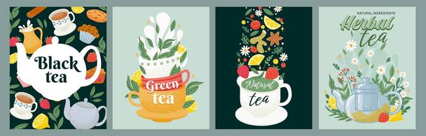Black, green and herbal tea package label design. Tea drink concept with leaves, cups, sweets and teapots. Decorative cafe poster vector set. Illustration of leaf herbal and teapot - Вектор, зображення