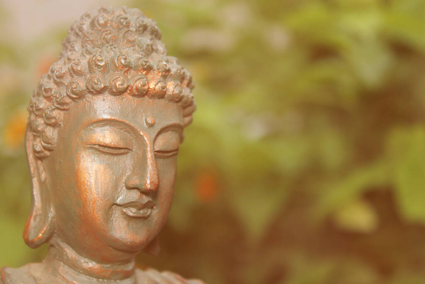 Buddha szobor kertben homályos virágok háttér - Fotó, kép
