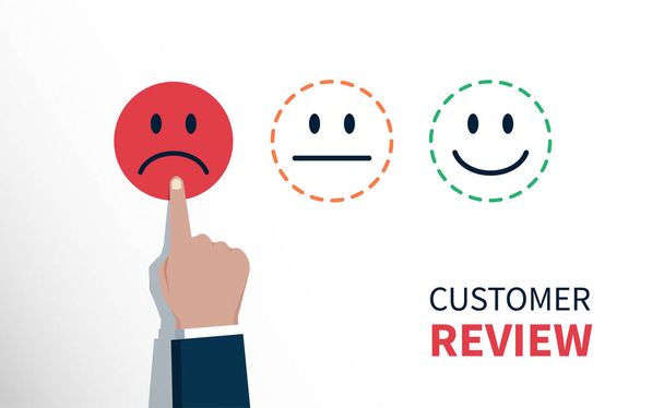 Negative review or feedback concept, hand of client chose sad face icon, customer service evaluation - Vector, Image