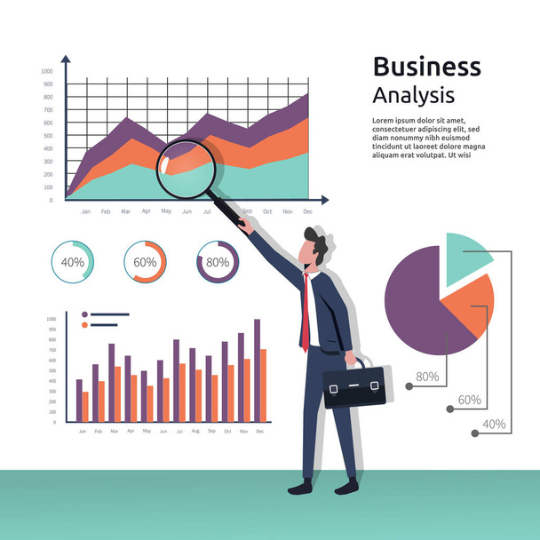 Concepto de análisis de negocio, hombre de negocios con lupa en gráficos de examen manual, investigación, gestión de proyectos, planificación, contabilidad, análisis, datos - Vector, imagen