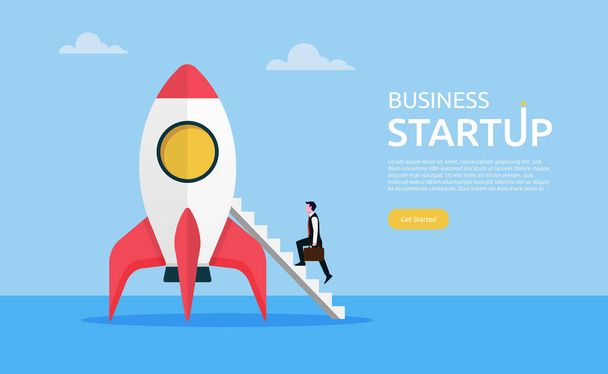 Successful businessman climbing a stair on rocket. Business startup concept illustration. - Vector, Image