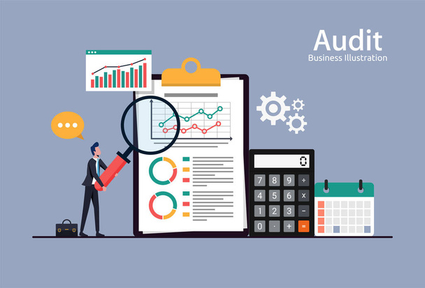 Auditoría empresarial, análisis de datos de informes financieros, concepto de contabilidad analítica con gráficos y diagramas - Vector, Imagen