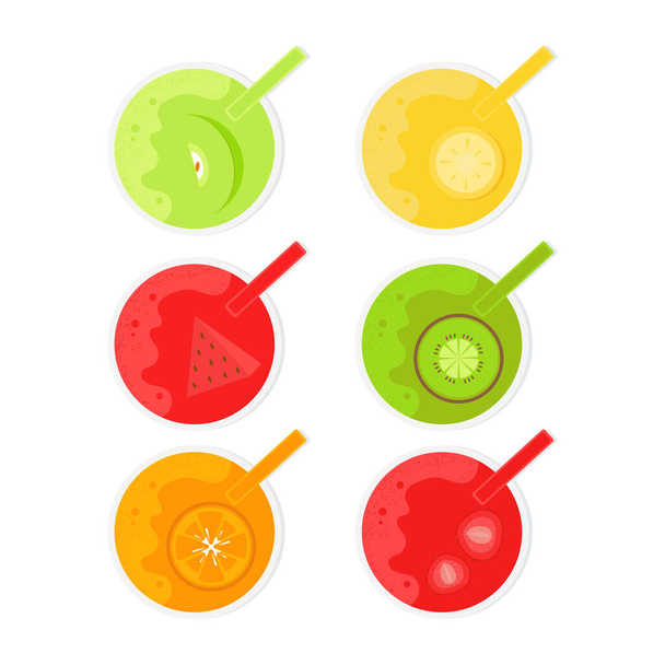 Sap met een rietje. Bovenaanzicht. Watermeloen, kiwi, sinaasappel, banaan, appel, aardbei. Vector tekening in de platte stijl Witte achtergrond - Vector, afbeelding