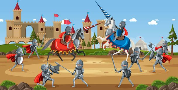 Escena al aire libre con guerreros medievales luchando en batalla ilustración - Vector, Imagen