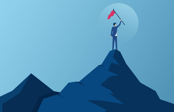 Liikemies, jolla on punainen lippu vuoren, liiketoiminnan, menestyksen, johtajuuden, saavutusten ja ihmisten käsitteen päällä - Vektori, kuva