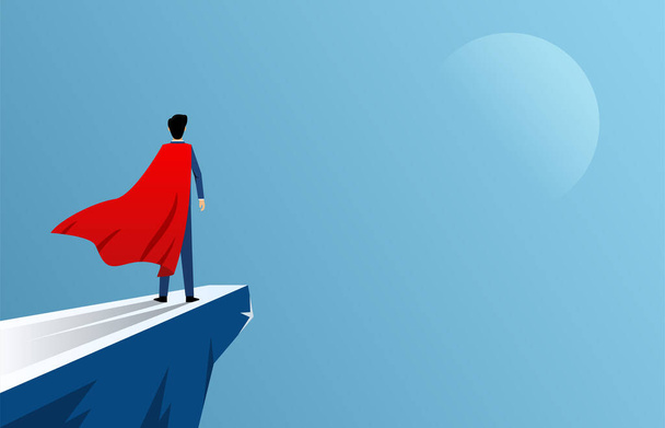 Liikemies seisoo kalliolla yllään punainen viitta supersankari, liiketoiminnan kunnianhimoa ja rohkeutta - Vektori, kuva