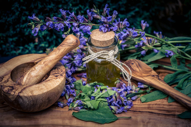 Flores de salvia azul y hojas verdes sobre madera de olivo - Foto, Imagen