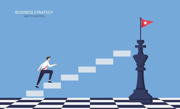 Επιχειρηματική στρατηγική για την επιτυχία, επιχειρηματίας ανεβαίνει σκάλες στην κορυφή του σκακιού - Διάνυσμα, εικόνα
