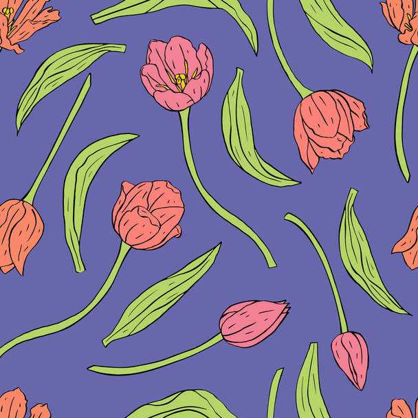 Vintage varrat nélküli minta rózsaszín tulipán virágok és levelek a kék - Vektor, kép