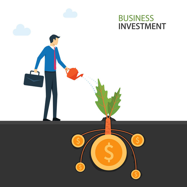 ビジネス投資の概念、ビジネスマンはお金の木のシンボルイラストを散水 - ベクター画像