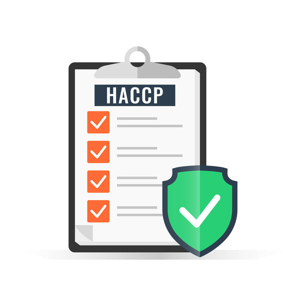 HACCP, icona dei punti critici di controllo per l'analisi dei rischi con protezione scudo e simbolo di spunta - Vettoriali, immagini