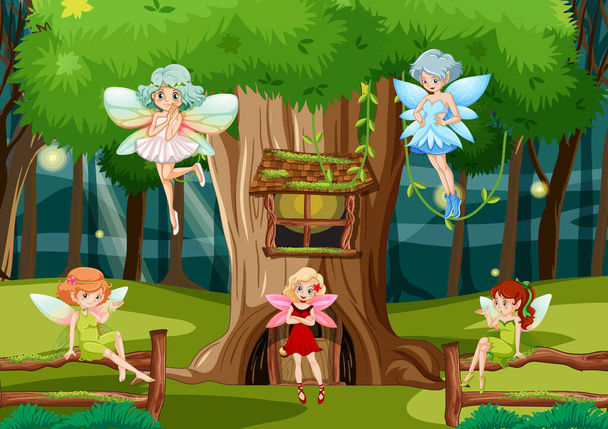 Fantasy forest with cute fairies  illustration - Vector, Image