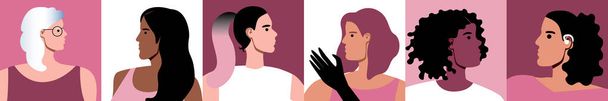 Different appearance of women. Flat vector stock illustration. Young, adult, old, inclusive people. Beauty of natural multicultural woman. Concept, feminism. Vector collage - Vector, Image
