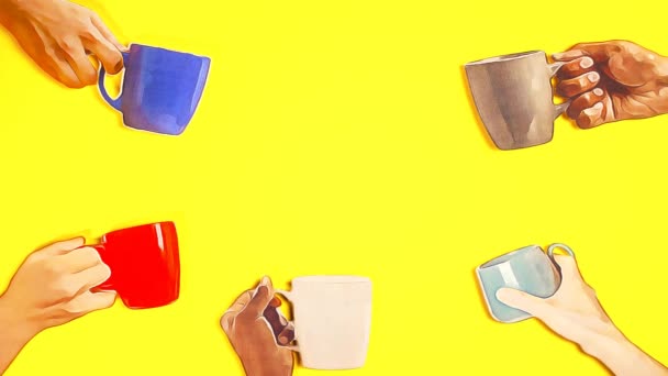 Time to drink coffee. People of early ethnicity hold coffee mugs on a yellow background. Stop motion video footage. - Footage, Video