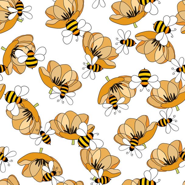 Seamless pattern with bees on floral background. Small wasp. Vector illustration. Adorable cartoon character. Template design for invitation, cards, textile, fabric. Doodle style - Vetor, Imagem