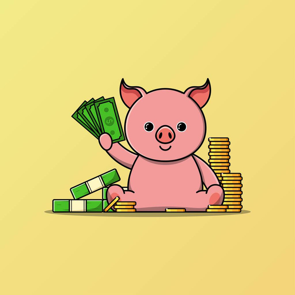 Cute pig with pile of coins and money vector illustration - Vector, Image