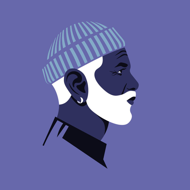 Ritratto di anziano uomo africano in cappello di profilo. Diversità. Volto del nonno. Vista laterale. Avatar per i social media. Illustrazione piatta vettoriale - Vettoriali, immagini