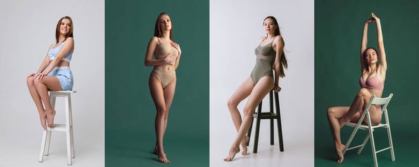 Collage von Porträts schöner junger schlanker Frauen, die in Unterwäsche isoliert vor buntem Hintergrund posieren. - Foto, Bild