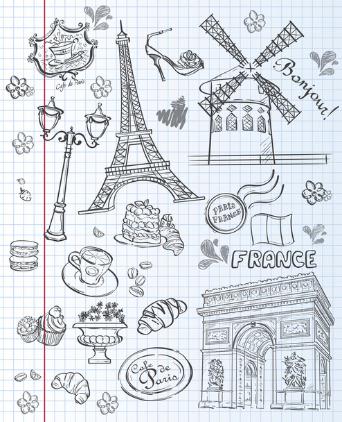 様々 な観光スポット、パリ、様々 な観光スポット、パリ、フランスの画像の franceset のイメージのセット。黒の輪郭 - ベクター画像