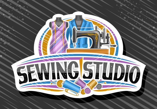 Vektorové logo pro Sewing Studio, dekorativní vývěsní štítek z broušeného papíru s ilustrací starého šicího stroje, pánské sako a dámské šaty na figurínách a unikátní kartáčové písmo pro černá slova šicí studio - Vektor, obrázek