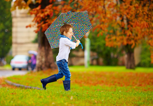 cute boy enjoying an autumn rain in city park - Фото, изображение
