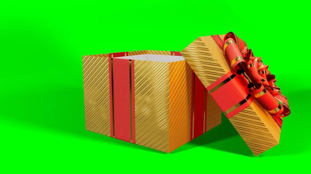 opened beautified goldish and red gift on chroma key screen, isolated - object 3D illustration - Fotografie, Obrázek