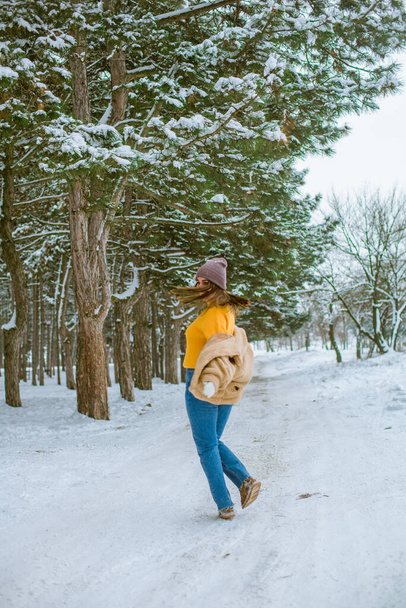 Menina bonito jovem se diverte no tempo nevado no inverno no parque. Estilo de vida  - Foto, Imagem