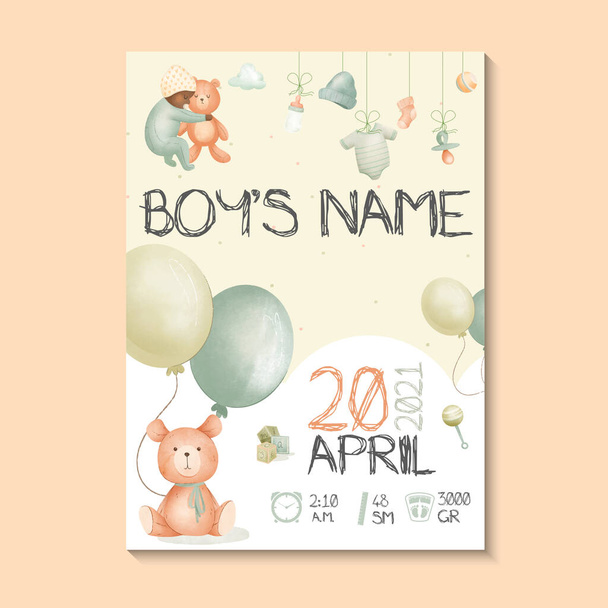 Boy posters, height, weight, date of birth. Teddy bear, balloon and baby stuff green, vector illustration on white background. Illustration newborn metric for children's bedroom. - Vector, Image