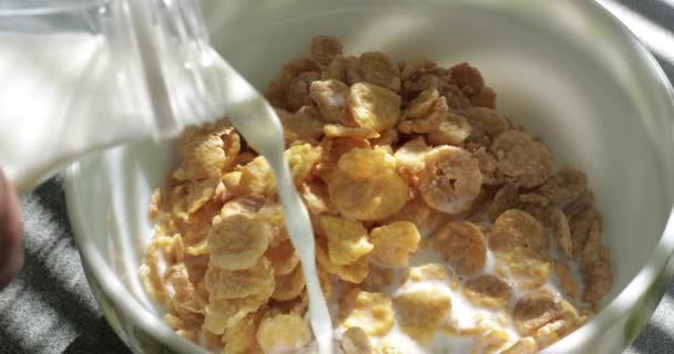 Leche vertiendo en un tazón de salpicaduras de cereales en cámara lenta - Metraje, vídeo