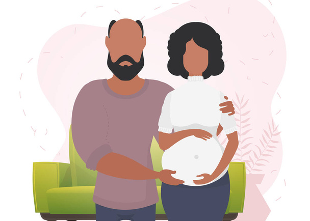 Erkek ve hamile kadın. Bir çocuğun buhar jeti temalı bir poster. Mutlu hamilelikler. Düz stil ile sevimli illüstrasyon. - Vektör, Görsel