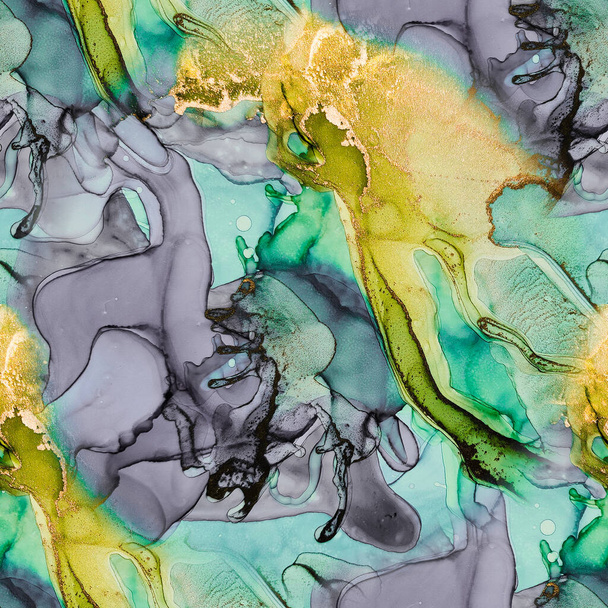 Gold Water Color Marble. Yellow Alcohol Ink Background. Violet Abstract Template Blue Art Paint. Green Marble Background. Lilac Alcohol Ink Canvas. Fluid Green Texture. Gold Oriental Watercolor. - Foto, imagen