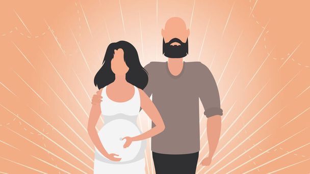 Pregnant woman with her husband. Banner on the theme Young family is waiting for the birth of a child. Positive and conscious pregnancy. Vector in cartoon style. - Vector, Image
