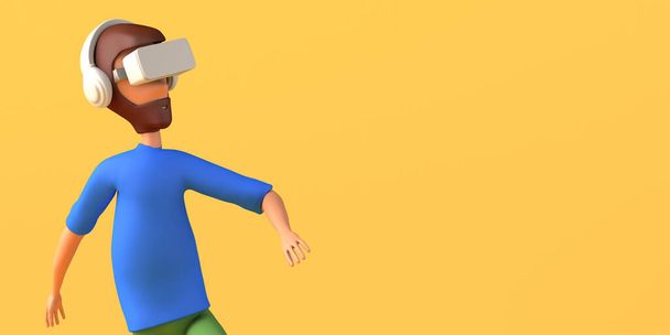Portrait d'homme flottant à l'aide d'un casque de réalité virtuelle sur fond jaune. Espace de copie. Illustration 3D. Caricature. - Photo, image