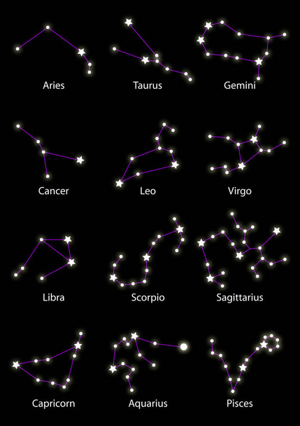 XII Constellations of Zodiac Astrology on black - Διάνυσμα, εικόνα