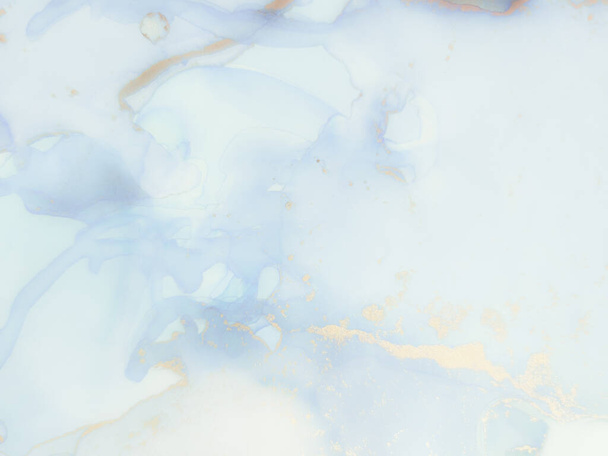 Foil Water Color Marble. White Alcohol Ink Canvas. Blue Art Paint. Metal Water Color Background. Gold Marble Watercolor. Blue Abstract Background. Light Elegant Glitter. Luxury Abstract Painting. - 写真・画像
