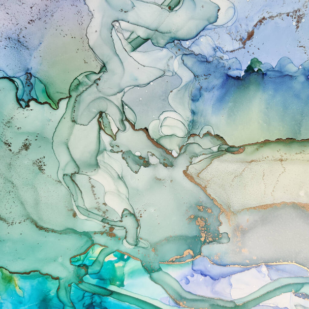 Blue Water Color Marble. Bronze Alcohol Ink Watercolor. Green Oriental Background. Gold Marble Watercolor. Luxury Alcohol Ink Marble. Foil Oil Paint. Fluid Elegant Pattern. Luxury Abstract Painting. - Foto, immagini