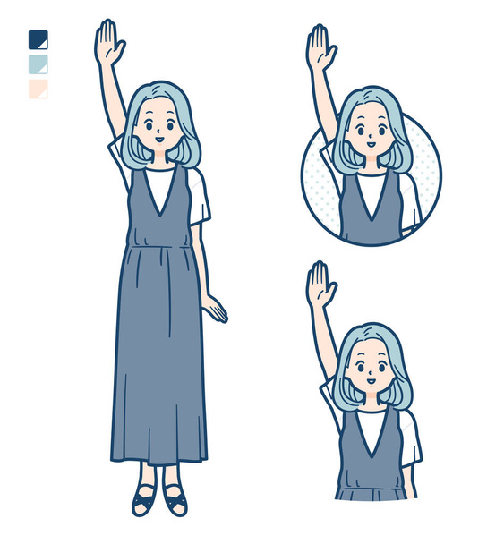 A young woman in a sleeveless dress with raise hand images.It's vector art so it's easy to edit. - Vektor, Bild