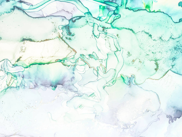 Gold Alcohol Ink Marble. Blue Ink Paint. Green Alcohol Ink Watercolor. Gold Water Color Marble. Modern Abstract Painting. Blue Marble Background. Amethyst Abstract Watercolor. Light Elegant Pattern. - Photo, image