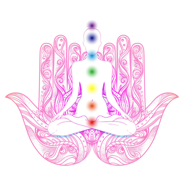 Human silhouette sitting in lotus position with chakras over hamsa symbol on background. Vector illustration of a girl isolated. Ornate hand drawn hamsa. Popular amulet. - Вектор, зображення
