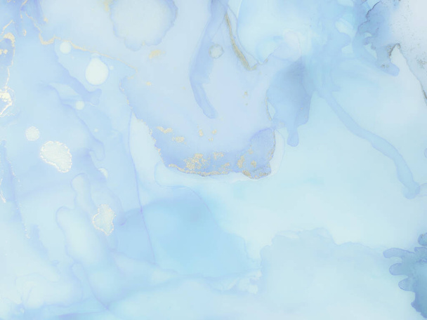 Blue Water Color Marble. Foil Art Paint. Metal Water Color Background. Foil Gradient Watercolor. Gold Marble Background. White Alcohol Ink Marble. Fluid Elegant Pattern. Luxury Abstract Painting. - Foto, Imagem