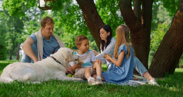 Glückliche Familie füttert weißen Hund beim Picknick. Menschen haben Spaß auf grünem Gras. - Foto, Bild