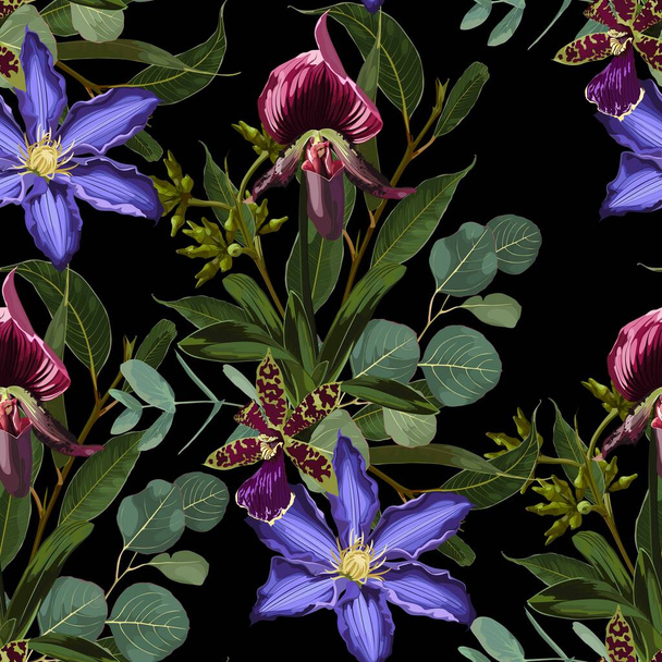 Floral Seamless Pattern with orchid flowers and eucalyptus branch with leaves. Blooming Flowers on black Background. - Vettoriali, immagini
