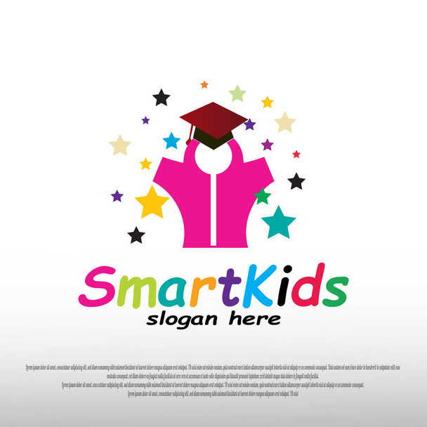 smart kid logo design with happy child concept. children dreams. playground. can use for education school sign or symbol. vector illustration element - Vector, Image