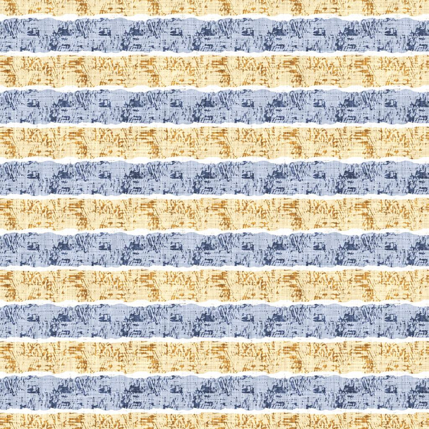 Nahtloser Stoffmuster-Druck in der französischen Landküche. Blau gelb weiß horizontal gestreift Hintergrund. Batik Farbstoff Provence Stil rustikal gewebt Baumwollstoff.  - Foto, Bild