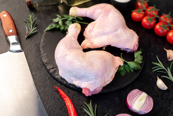 close up of raw chicken legs with ingredients  - Fotó, kép