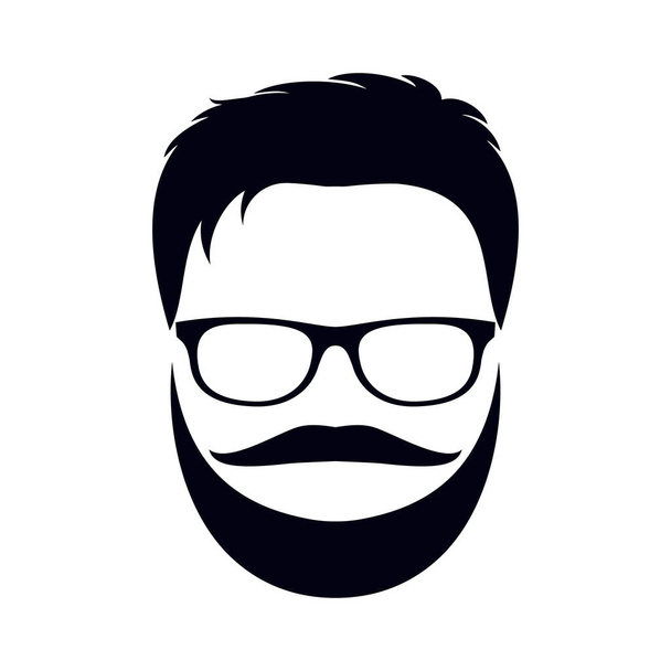 image of a man: hairstyle, mustache, beard and glasses. Black silhouette, icon on a white background. Vector illustration. - Vector, Imagen