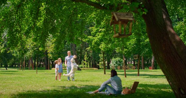 Father training labrador with children in park. Mother watching game with dog. - Фото, зображення